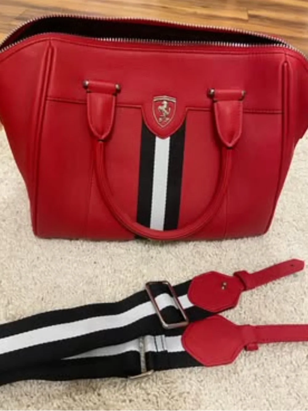 Ferrari Red Satchel with Black and White Stripe and Detachable Strap
